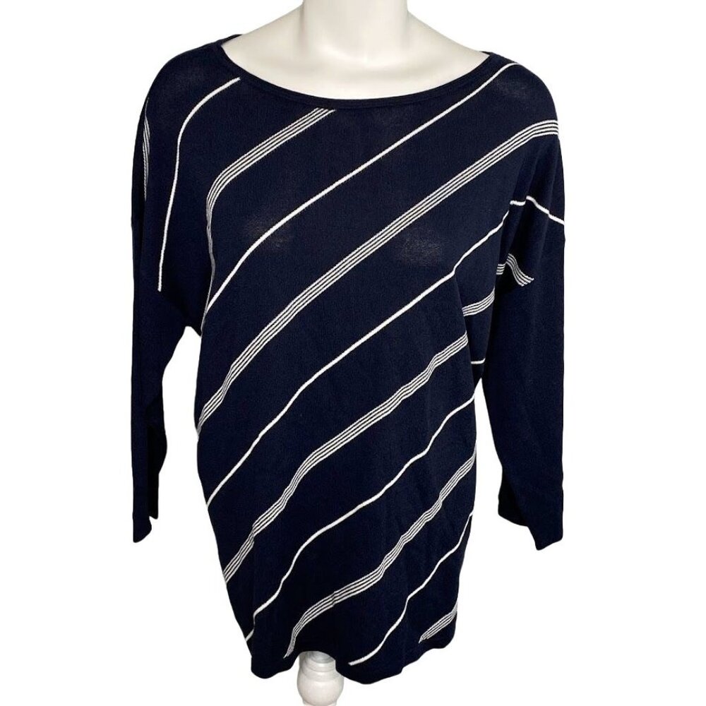 J Jill Wearever Shirt Top Women's LARGE Navy‎ Blue White Striped Wide-Neck Soft